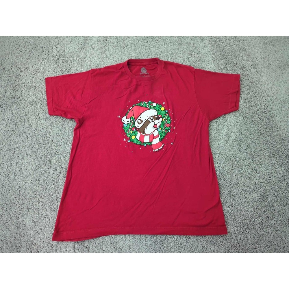 Buc-ee's T Shirt Mens L Red "Never Calm Always Bright" Christmas Holidays